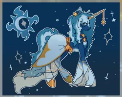 Size: 1425x1139 | Tagged: safe, artist:junniepiepoopop, derpibooru import, oc, oc:nightfall flare, unofficial characters only, pony, unicorn, blaze (coat marking), blue background, blue coat, blue dress, blue eyelashes, blue mane, blue tail, border, bracelet, clothes, coat markings, colored belly, colored eartips, colored eyelashes, colored horn, colored pinnae, concave belly, curly mane, curly tail, dress, ear fluff, ear piercing, earring, eye clipping through hair, facial markings, frown, gala dress, gala outfit, gold jewelry, gown, hoof shoes, horn, horn jewelry, image, jewelry, jpeg, lace, lidded eyes, long horn, long legs, long mane, long mane male, long tail, looking back, make, male, narrowed eyes, necklace, pale belly, piercing, profile, simple background, slender, socks (coat marking), solo, sparkles, stallion, standing, stars, tail, thin, thin legs, two toned mane, two toned tail, unicorn horn, unicorn oc, unshorn fetlocks, yellow eyes