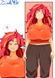 Size: 1400x2000 | Tagged: safe, artist:sozglitch, derpibooru import, sunset shimmer, human, big breasts, breasts, clothes, image, jpeg, lidded eyes, looking at you, pajamas, smiling, smiling at you, surprised, wide hips