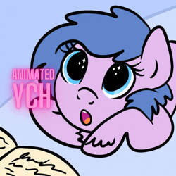 Size: 1080x1080 | Tagged: safe, artist:lannielona, derpibooru import, oc, pony, advertisement, animated, bed, bedtime, bedtime story, commission, female, gif, image, looking up, mare, open mouth, solo, sparkly eyes, unshorn fetlocks, wingding eyes, your character here