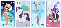 Size: 6400x3000 | Tagged: safe, artist:parclytaxel, derpibooru import, photo finish, rainbow dash, rarity, somnambula, earth pony, pegasus, pony, unicorn, series:parcly's pony pattern playing cards, .svg available, absurd resolution, bag, camera, dancing, egyptian headdress, egyptian pony, eyes closed, female, flying, horn, image, levitation, looking at you, magic, mare, nightclub, passepartout, playing card, png, shopping bag, smiling, smiling at you, tarot card, telekinesis, vector