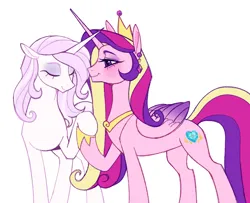 Size: 1050x851 | Tagged: safe, derpibooru import, fleur-de-lis, princess cadance, alicorn, pony, unicorn, beautiful, couple, eyes closed, female, fleurdance, g4, horn, horns are touching, image, infidelity, lesbian, love, lovers, png, pretty, shipping, simple background, smiling, white background, white pony