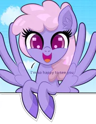 Size: 1550x2000 | Tagged: safe, artist:scandianon, derpibooru import, rainbowshine, pegasus, pony, cloud, female, happy, image, looking at you, mare, open mouth, open smile, png, sky, smiling, spread wings, talking, talking to viewer, wings