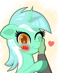 Size: 1600x2000 | Tagged: safe, artist:scandianon, derpibooru import, lyra heartstrings, oc, oc:anon, human, pony, unicorn, blushing, caress, female, floppy ears, heart, horn, human on pony petting, image, mare, one eye closed, petting, png, smiling