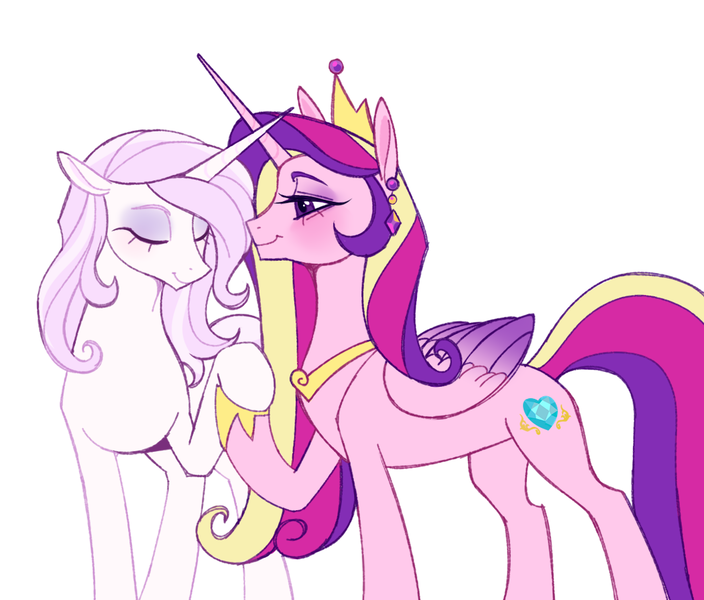 Size: 1050x895 | Tagged: safe, artist:frowoppy, derpibooru import, fleur-de-lis, princess cadance, pony, female, fleurdance, image, infidelity, lesbian, png, shipping, simple background, white background