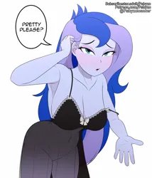 Size: 1200x1400 | Tagged: suggestive, artist:pshyzomancer, derpibooru import, princess luna, human, equestria girls, armpits, blushing, bottomless, breasts, busty princess luna, clothes, dialogue, g4, hand, humanized, image, lingerie, looking at you, no panties, partial nudity, png, reaching, simple background, text, vice principal luna, white background