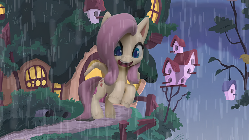 Size: 1920x1080 | Tagged: safe, derpibooru import, edit, edited screencap, screencap, fluttershy, pegasus, pony, my little pony: pony life, my little pony: stop motion short, bird house, cute, fluttershy's cottage, g4, image, png, rain, smiling, solo