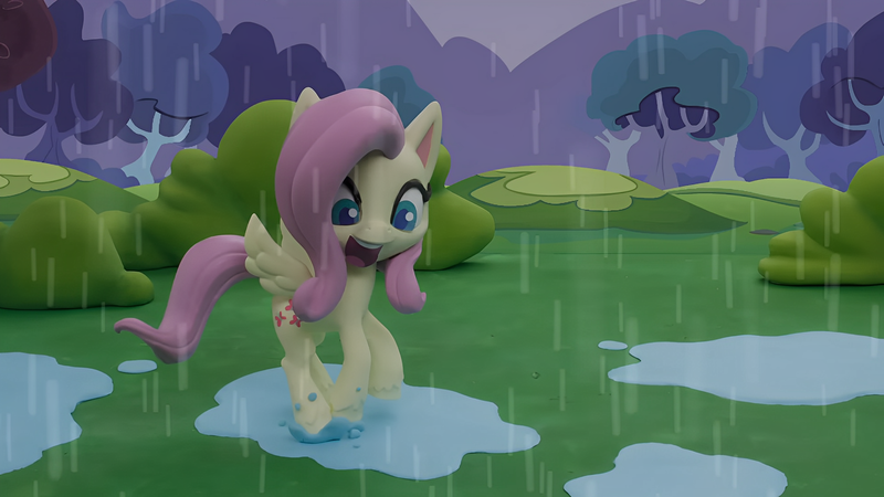 Size: 1920x1080 | Tagged: safe, derpibooru import, edit, edited screencap, screencap, fluttershy, pegasus, pony, my little pony: pony life, my little pony: stop motion short, cute, g4, image, png, puddle, rain, smiling, solo