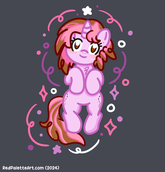 Size: 3120x3244 | Tagged: safe, artist:redpalette, derpibooru import, oc, oc:hibiscus stitch, pony, unicorn, cute, digital art, female, horn, image, looking at you, lying down, mare, pink, png, sparkles, unicorn oc