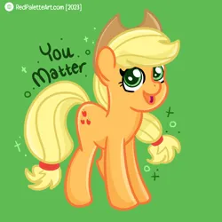Size: 2000x2000 | Tagged: safe, artist:redpalette, derpibooru import, applejack, earth pony, pony, cute, female, image, mare, open mouth, open smile, png, positive ponies, smiling, text