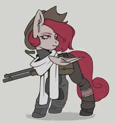 Size: 2337x2500 | Tagged: safe, artist:bellumangeli, derpibooru import, oc, oc:red ashes, unofficial characters only, pegasus, pony, clothes, female, hat, image, looking back, pegasus oc, png, scarf, simple background, solo, solo female, weapon, wings, yellow eyes