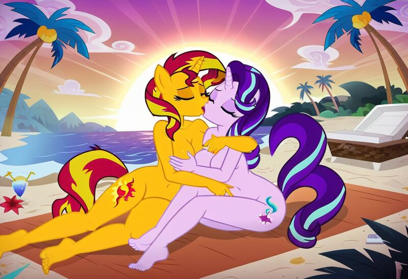 Size: 1216x832 | Tagged: explicit, ai content, machine learning generated, stable diffusion, starlight glimmer, sunset shimmer, anthro, unicorn, asymmetrical docking, beach, beach babes, beach towel, busty starlight glimmer, busty sunset shimmer, cooler, embracing, exhibitionism, eyes closed, fingering, french kiss, horny, image, in love, jpeg, lesbian couple, moaning, moaning in pleasure, nude beach, nudity, outdoor masturbation, palm tree, seductive pose, sexy, sitting, sunbathing, sunset, tropical drink