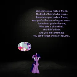 Size: 957x957 | Tagged: artist needed, safe, anonymous artist, artist:craftybrony, derpibooru import, edit, edited screencap, screencap, apple bloom, scootaloo, sweetie belle, twilight sparkle, alicorn, earth pony, pegasus, pony, unicorn, marks for effort, alternate scenario, apple bloom's bow, bow, crying, cutie mark crusaders, dark background, female, filly, floppy ears, foal, g4, hair bow, horn, image, mare, png, song in the description, song reference, thomas and friends, thomas the tank engine