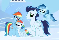 Size: 2856x1935 | Tagged: artist needed, safe, derpibooru import, rainbow dash, soarin', oc, oc:ragtag, oc:shooting star, pegasus, pony, female, filly, foal, image, male, mare, offspring, parent:rainbow dash, parent:soarin', parents:soarindash, png, screencap background, shipping, siblings, soarindash, stallion, straight, twins