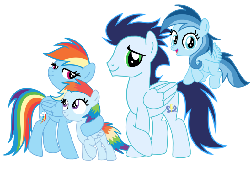 Size: 2856x1935 | Tagged: artist needed, safe, derpibooru import, rainbow dash, soarin', oc, oc:ragtag, oc:shooting star, pegasus, pony, female, filly, foal, image, male, mare, offspring, parent:rainbow dash, parent:soarin', parents:soarindash, png, shipping, siblings, simple background, soarindash, stallion, straight, transparent background, twins