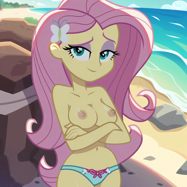 Size: 4096x4096 | Tagged: questionable, ai content, derpibooru import, machine learning generated, prompter:pigat35, fluttershy, human, equestria girls, beach, bedroom eyes, belly button, breasts, busty fluttershy, clothes, crossed arms, female, g4, image, jpeg, nipples, nudity, panties, partial nudity, show accurate, show accurate porn, smiling, solo, solo female, stupid sexy fluttershy, topless, underwear