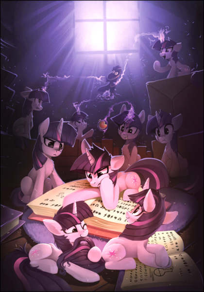 Size: 2067x2953 | Tagged: safe, artist:ramiras, derpibooru import, smarty pants, twilight sparkle, pony, unicorn, fanfic:twin twilights, apple, biting, book, carpet, clone, clones, crepuscular rays, cute, eating, fanfic art, female, floppy ears, food, g4, glow, glowing horn, high res, horn, image, indoors, levitation, lying down, magic, magic aura, mare, multeity, nom, one eye closed, open mouth, png, prone, reading, sitting, smiling, sparkle sparkle sparkle, tail, tail bite, telekinesis, twiabetes, unicorn twilight, window