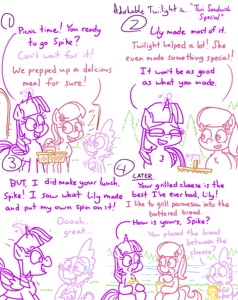 Size: 4779x6013 | Tagged: safe, artist:adorkabletwilightandfriends, derpibooru import, cheese sandwich, lily, lily valley, spike, twilight sparkle, twilight sparkle (alicorn), alicorn, comic:adorkable twilight and friends, adorkable, adorkable twilight, basket, cheese, comic, confused, cute, dork, dripping, eating, excited, excitement, food, happy, image, nervous, outdoors, picnic, picnic basket, png, river, sitting, slice of life, smiling, water