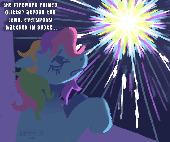 Size: 1560x1302 | Tagged: safe, artist:venus_ai_, derpibooru import, part of a set, rainbow dash (g3), earth pony, pony, g3, alternate universe, explosion, fireworks, glitter, image, infected, infected au, infection, infection au, jpeg, looking out the window, magic explosion, mlp infection, multicolored mane, scared, scaredy dash, signature, this will end in death, this will end in pain, this will end in tears, this will end in tears and/or death, this will not end well