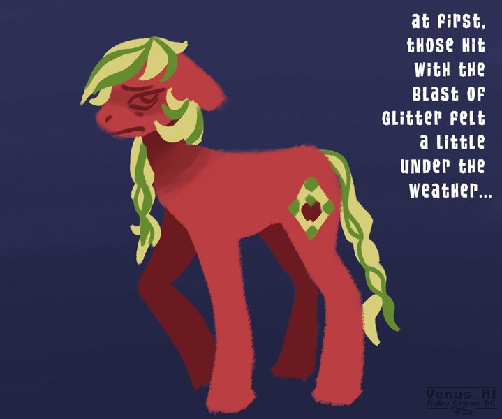 Size: 1560x1302 | Tagged: safe, artist:venus_ai_, derpibooru import, part of a set, applejack (g3), earth pony, pony, g3, blue background, image, infected, infection, infection au, jpeg, mlp infection, raised leg, red coat, scared, sick, signature, simple background, tail, this will end in death, this will end in pain, this will end in tears, this will end in tears and/or death, this will not end well, two toned mane, two toned tail, worried