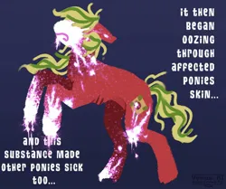 Size: 1560x1302 | Tagged: semi-grimdark, artist:venus_ai_, derpibooru import, part of a set, applejack (g3), earth pony, pony, g3, blood, blood on face, blue background, body horror, concave belly, glitter, image, infected, infection, infection au, jpeg, mlp infection, red coat, ribs, scared, sick, signature, simple background, tail, this will end in death, this will end in pain, this will end in tears, this will end in tears and/or death, this will not end well, transformation, two toned mane, two toned tail