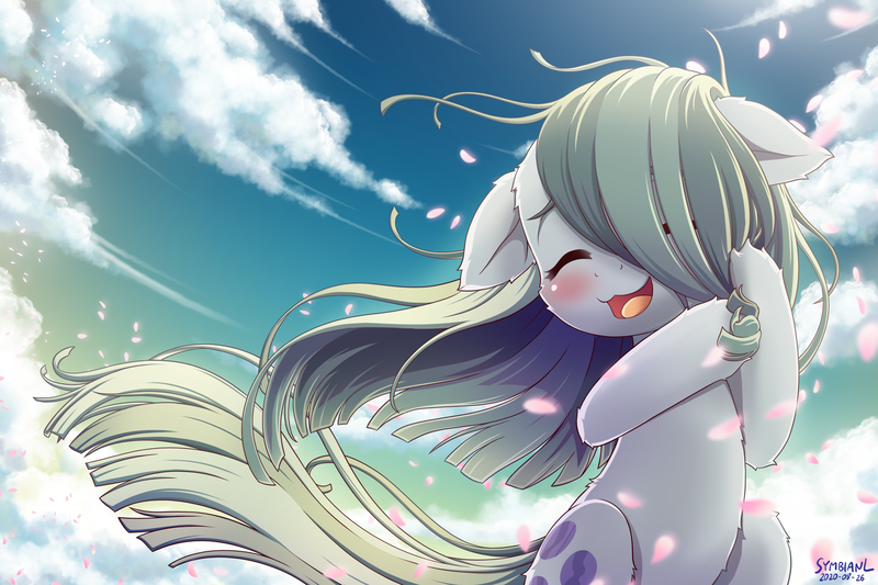 Size: 1800x1200 | Tagged: safe, artist:symbianl, derpibooru import, marble pie, earth pony, pony, blushing, cloud, cute, eyes closed, female, floppy ears, g4, hair over one eye, image, marblebetes, mare, open mouth, open smile, outdoors, petal, petals, png, signature, sitting, sky, smiling, solo, symbianl is trying to murder us, tail, weapons-grade cute, wind, windswept mane