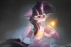 Size: 1750x1152 | Tagged: safe, artist:ramiras, derpibooru import, twilight sparkle, twilight sparkle (alicorn), alicorn, pony, the beginning of the end, broken, crying, element of generosity, element of honesty, element of kindness, element of laughter, element of loyalty, element of magic, elements of harmony, female, floppy ears, frog (hoof), g4, hoofbutt, horn, image, mare, partially open wings, png, sad, scene interpretation, scratches, sitting, solo, teary eyes, underhoof, wings