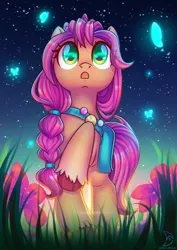 Size: 2480x3508 | Tagged: safe, artist:musicfirewind, derpibooru import, sunny starscout, butterfly, earth pony, insect, pony, g5, badge, braid, female, flower, grass, high res, image, mare, night, night sky, open mouth, outdoors, png, raised hoof, sky, solo, starry eyes, stars, unshorn fetlocks, wingding eyes