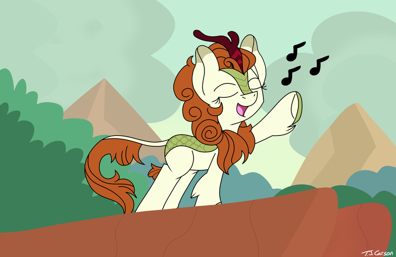 Size: 2550x1650 | Tagged: safe, artist:toonboy92484, derpibooru import, autumn blaze, kirin, awwtumn blaze, cloud, cute, eyes closed, female, g4, horn, image, kirinbetes, mountain, music notes, open mouth, open smile, outdoors, png, raised hoof, signature, singing, sky, smiling, solo, tail