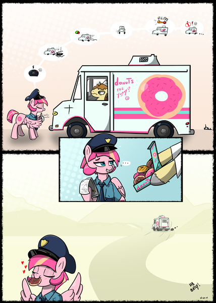Size: 3255x4566 | Tagged: safe, artist:n-o-n, derpibooru import, donut joe, oc, oc:sweet serving, pegasus, pony, unicorn, blue eyes, clothes, comic, corrupted, donut, female, food, freckles, happy, hat, heart, horn, image, mouth hold, necktie, pink pony, png, police, police officer, police pony, police uniform, simple background, smiling, truck, uniform