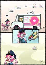 Size: 3255x4566 | Tagged: safe, artist:n-o-n, derpibooru import, donut joe, oc, oc:sweet serving, pegasus, pony, unicorn, blue eyes, clothes, comic, corrupted, donut, female, food, freckles, happy, hat, heart, horn, image, mouth hold, necktie, pink pony, png, police, police officer, police pony, police uniform, simple background, smiling, truck, uniform