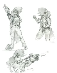 Size: 1050x1350 | Tagged: safe, artist:baron engel, derpibooru import, pinkie pie, anthro, earth pony, pony, unguligrade anthro, female, grenade launcher, image, jpeg, mare, monochrome, pencil drawing, traditional art, weapon
