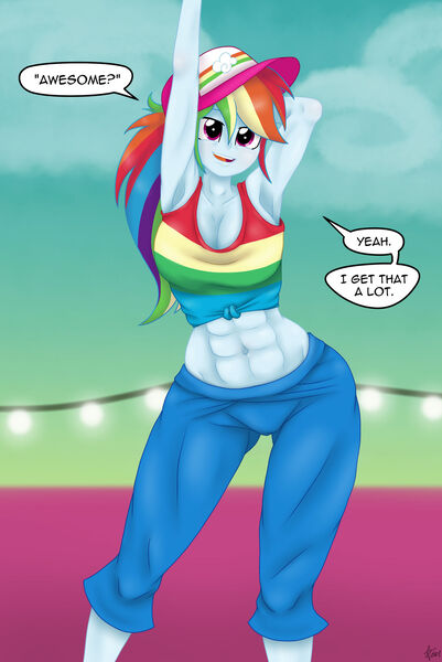 Size: 1280x1915 | Tagged: safe, artist:lennondash, derpibooru import, rainbow dash, human, equestria girls, abs, arm behind head, breasts, busty rainbow dash, cleavage, equestria girls specials, female, g4, image, jpeg, muscles, my little pony equestria girls: spring breakdown, rainbuff dash, solo