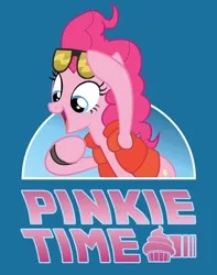 Size: 600x760 | Tagged: safe, artist:xkappax, derpibooru import, pinkie pie, earth pony, pony, back to the future, clothes, cupcake, food, hoofband, image, jpeg, open mouth, open smile, pinkie mcpie, smiling, solo, sunglasses, sunglasses on head, text, vest