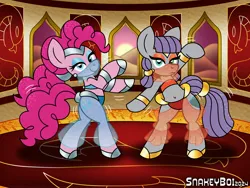 Size: 3600x2700 | Tagged: safe, artist:snakeythingy, derpibooru import, maud pie, pinkie pie, belly dancer, belly dancer outfit, commission, dancing, desert, harem outfit, image, jpeg, palace