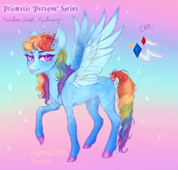 Size: 3324x3184 | Tagged: safe, artist:mammalian_alien, derpibooru import, rainbow dash, pegasus, pony, alternate design, alternate hairstyle, coat markings, colored wings, concave belly, eyelashes, eyeshadow, facial markings, female, g4, glitter, gradient background, human lips, image, makeup, mare, multicolored hair, multicolored mane, multicolored tail, png, raised hoof, redesign, reference sheet, ringlets, solo, sparkles, sparkly hooves, spread wings, tail, two toned wings, whore lips, wings