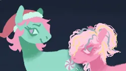 Size: 1200x676 | Tagged: safe, artist:venus_ai_, derpibooru import, minty, pinkie pie (g3), earth pony, pony, g3, blue background, christmas, close-up, cyan coat, hat, holiday, image, infected, infection, infection au, jpeg, mlp infection, pink coat, pink mane, santa hat, simple background, smiling, smirk, two toned mane, worried