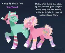Size: 1660x1340 | Tagged: safe, artist:venus_ai_, derpibooru import, part of a set, minty, pinkie pie (g3), earth pony, pony, g3, blue background, blue eyes, christmas, close-up, clothes, cyan coat, description, hat, holiday, image, infected, infection, infection au, jpeg, magenta eyes, mlp infection, pink coat, pink mane, raised leg, santa hat, signature, simple background, smiling, smirk, socks, story included, two toned mane, walking, worried