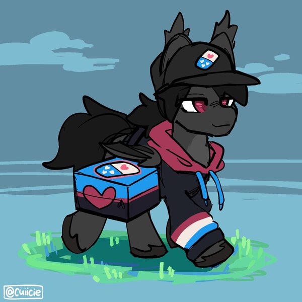 Size: 1200x1200 | Tagged: safe, artist:cuiicie, derpibooru import, oc, unofficial characters only, bat pony, cap, clothes, delivery pony, hat, hoodie, image, jpeg, male, solo, unshorn fetlocks, walking