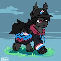 Size: 1200x1200 | Tagged: safe, artist:cuiicie, derpibooru import, oc, unofficial characters only, bat pony, cap, clothes, delivery pony, hat, hoodie, image, jpeg, male, solo, unshorn fetlocks, walking