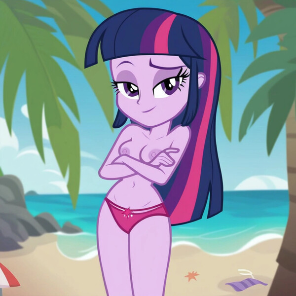 Size: 1920x1920 | Tagged: questionable, ai content, derpibooru import, machine learning generated, prompter:pigat35, twilight sparkle, equestria girls, beach, clothes, g4, image, jpeg, looking at you, nudity, panties, partial nudity, show accurate, show accurate porn, smiling, smiling at you, topless, underwear