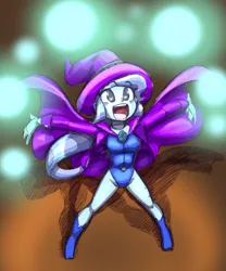 Size: 2450x2940 | Tagged: safe, artist:shadowhawx, derpibooru import, trixie, human, equestria girls, blue leotard, boots, breasts, busty trixie, clothes, female, g4, high res, image, leotard, looking up, magic, magic show, open mouth, open smile, png, shoes, smiling, solo, spread arms