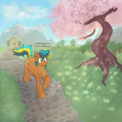 Size: 3000x3000 | Tagged: safe, artist:iridescentclaws, derpibooru import, oc, oc:novel tale, unofficial characters only, earth pony, pony, cherry blossoms, day, digital art, flower, flower blossom, grass, grass field, grin, happy, image, male, minecraft, mountain, mountain range, orange coat, png, smiling, solo, stallion, trotting, walking