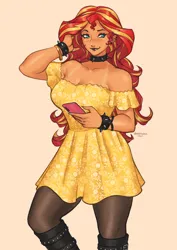 Size: 1754x2480 | Tagged: safe, artist:nire, derpibooru import, sunset shimmer, equestria girls, bare shoulders, blushing, boots, bracelet, breasts, choker, cleavage, clothes, dress, ear piercing, earring, eyeshadow, freckles, g4, image, jewelry, makeup, nail polish, phone, piercing, png, shoes, smiling, socks, spiked choker, spiked wristband, stockings, sundress, tan lines, tanned, thigh highs, wristband