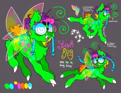 Size: 2048x1574 | Tagged: safe, artist:cocopudu, derpibooru import, oc, oc:stink bug, unofficial characters only, bug pony, insect, pony, beanbrows, eyebrows, flying, glasses, gray background, image, insect wings, name, png, reference sheet, round glasses, simple background, solo, swirly glasses, tusk, wings