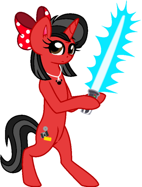 Size: 590x776 | Tagged: safe, artist:mickey1909, derpibooru import, oc, oc:minnie motion, unicorn, bipedal, bow, female, hair bow, horn, image, lightsaber, png, simple background, solo, star wars, transparent background, weapon