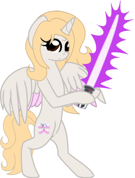 Size: 590x776 | Tagged: safe, artist:mickey1909, derpibooru import, oc, oc:mythical valiant, alicorn, bipedal, female, g4, image, lightsaber, png, simple background, solo, star wars, transparent background, weapon
