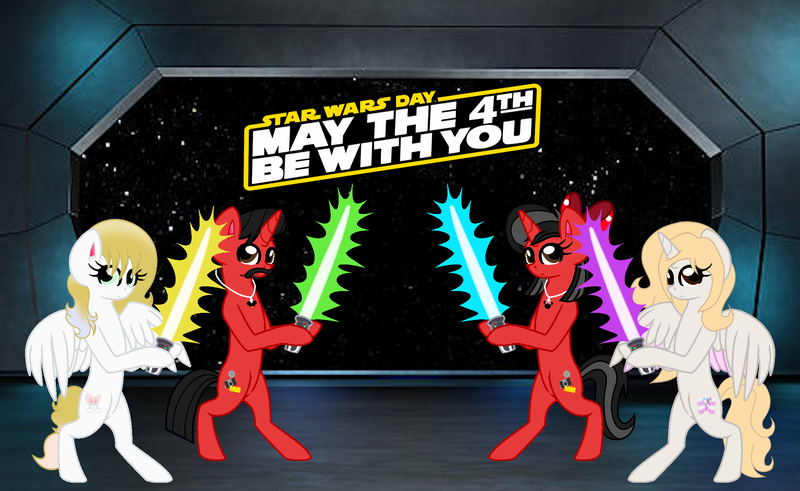 Size: 2233x1370 | Tagged: safe, artist:mickey1909, derpibooru import, oc, oc:honey bun, oc:mickey motion, oc:minnie motion, oc:mythical valiant, unofficial characters only, bipedal, image, lightsaber, may the fourth be with you, png, star wars, weapon