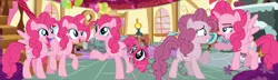 Size: 1280x367 | Tagged: safe, artist:pinkienaturepie, derpibooru import, mean pinkie pie, pinkie pie, alicorn, earth pony, pegasus, unicorn, the mean 6, alicornified, clone, g4, grin, horn, image, jpeg, multeity, open mouth, open smile, pegasus pinkie pie, pinkiecorn, race swap, self paradox, self ponidox, smiling, too much pink energy is dangerous, unicorn pinkie pie, xk-class end-of-the-world scenario