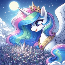 Size: 1024x1024 | Tagged: safe, ai content, derpibooru import, machine learning generated, princess celestia, alicorn, pony, background, blue eyes, bust, city, cityscape, close-up, female, generator:bing image creator, generator:dall-e 3, giantess, image, jpeg, looking down, macro, night, open mouth, open smile, portrait, prompt in description, sketch, smiling, solo, solo female, sparkling, wrong eye color