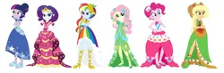 Size: 1904x624 | Tagged: safe, artist:machakar52, artist:selenaede, derpibooru import, applejack, fluttershy, pinkie pie, rainbow dash, rarity, twilight sparkle, twilight sparkle (alicorn), alicorn, human, equestria girls, applejack also dresses in style, applejack's first gala dress, base used, blue dress, boots, bracelet, clothes, cowboy hat, crossed arms, crown, dress, flower, flower in hair, fluttershy also dresses in style, fluttershy's first gala dress, g4, gala dress, glass slipper (footwear), green dress, hair bun, hairpin, hand on hip, hat, high heel boots, high heels, image, jewelry, looking at you, mane six, necklace, pink dress, pinkie pie also dresses in style, pinkie pie's first gala dress, png, ponytail, rainbow dash always dresses in style, rainbow dash's first gala dress, rainbow dress, rarity always dresses in style, rarity's first gala dress, regalia, shoes, simple background, smiling, smiling at you, starry dress, stars, top hat, twilight sparkle always dresses in style, twilight sparkle's first gala dress, white background